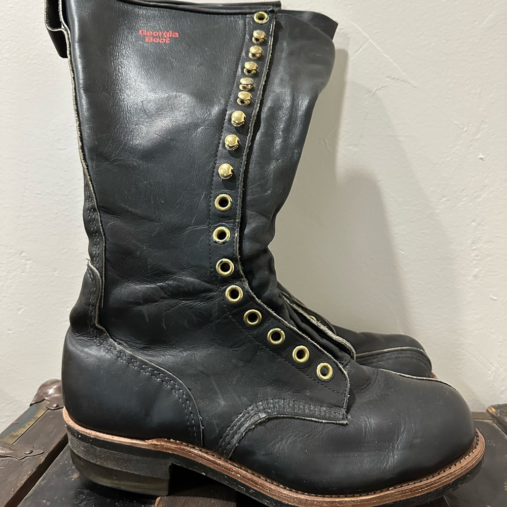 Vintage Carolina Linesman Black Leather Boots Tall Made in USA Size 10.5